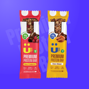Premium Protein Bar - Variety Box - Choco Cranberry and Choco Almond- Ubar - 10 Grams Protein in each 50 Grams Bar (Pack of 8, 400gm)
